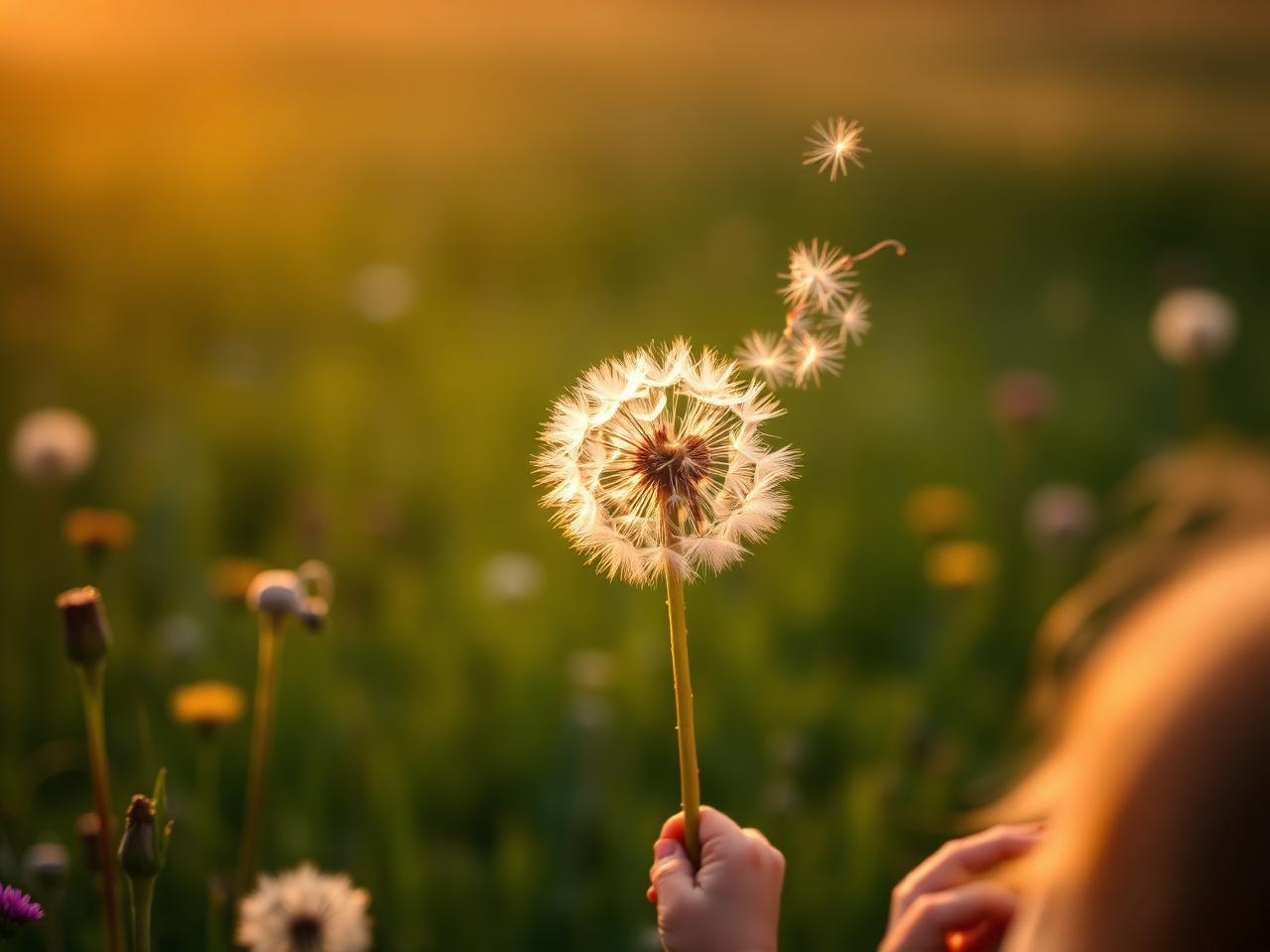 A child's hand blowing a dandelion seed clock