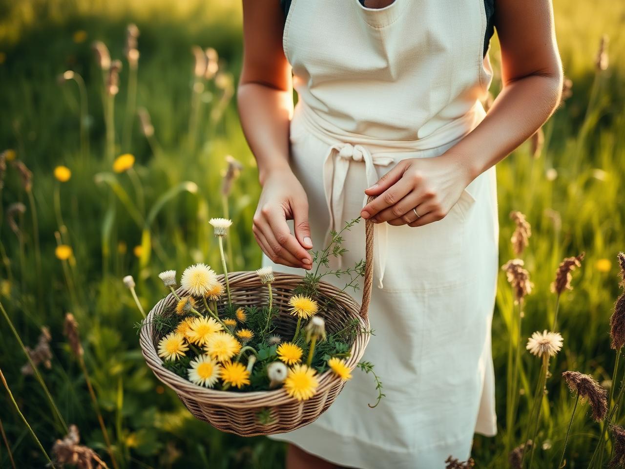 A forager gathering dandelions in a meadow