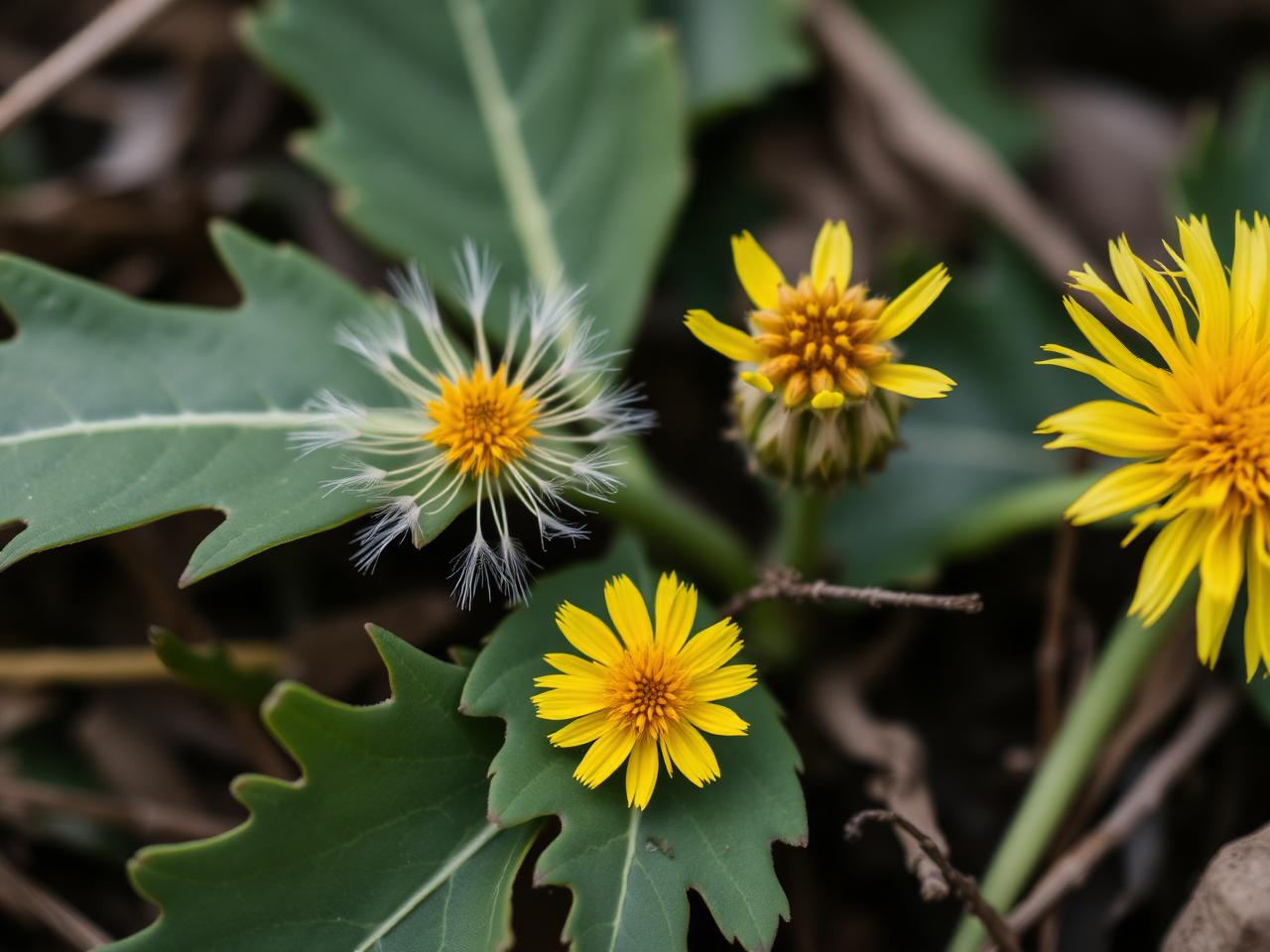 Close-up of dandelion leaves and flowers