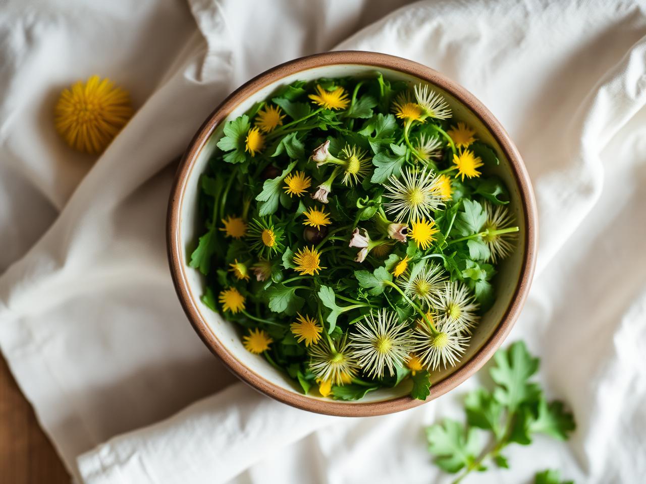 A bowl of fresh dandelion greens and flowers