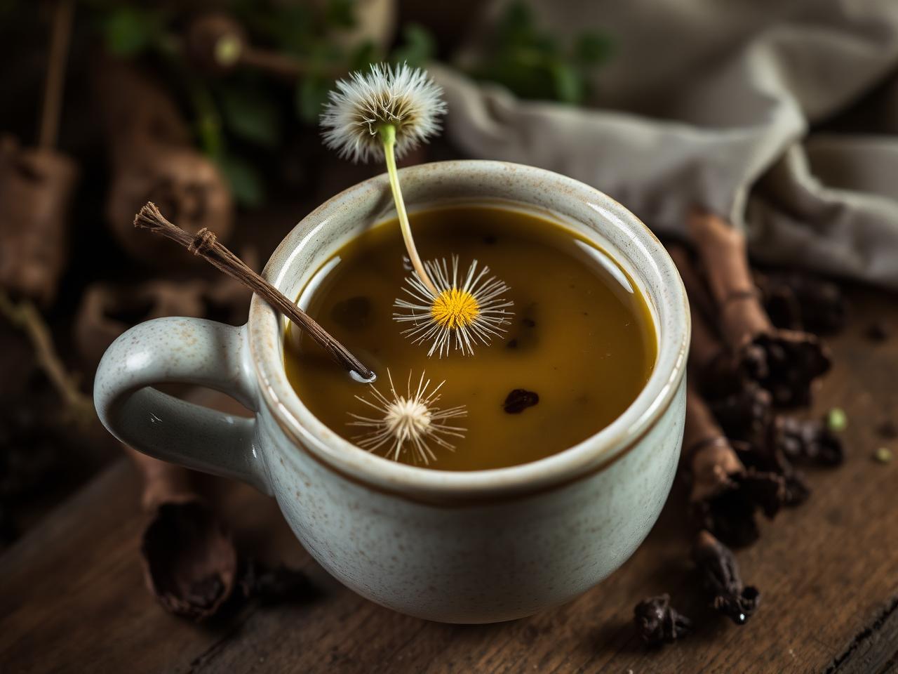 A cup of dandelion root tea with herbs
